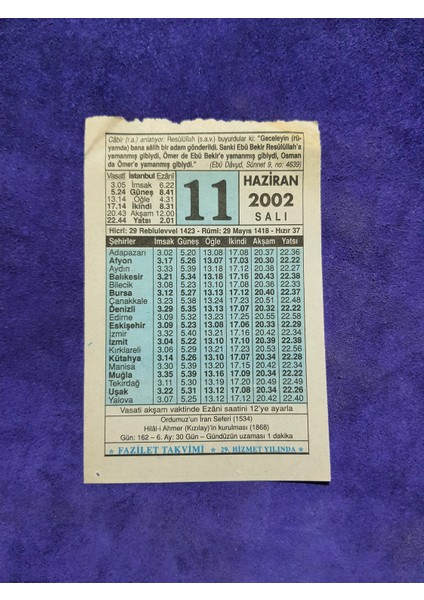 11 Haziran 2002 Takvim Yaprağı - Nostalji Koleksiyonluk Takvim Yaprağı