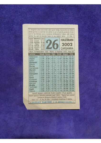 26 Haziran 2002 Takvim Yaprağı - Nostalji Koleksiyonluk Takvim Yaprağı