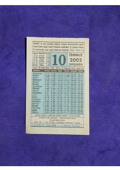10 Temmuz 2002 Takvim Yaprağı - Nostalji Koleksiyonluk Takvim Yaprağı