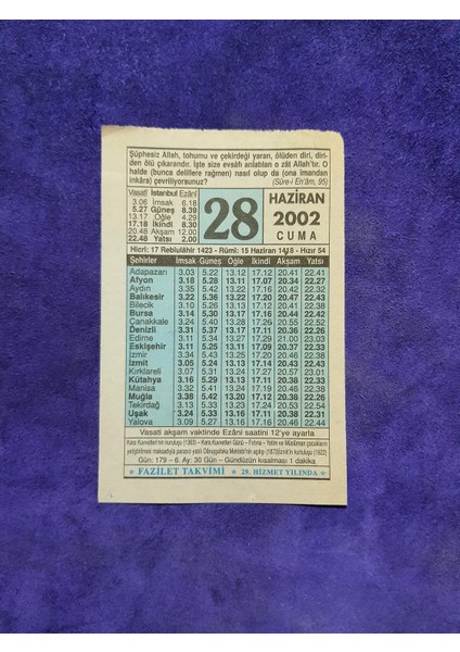 28 Haziran 2002 Takvim Yaprağı - Nostalji Koleksiyonluk Takvim Yaprağı