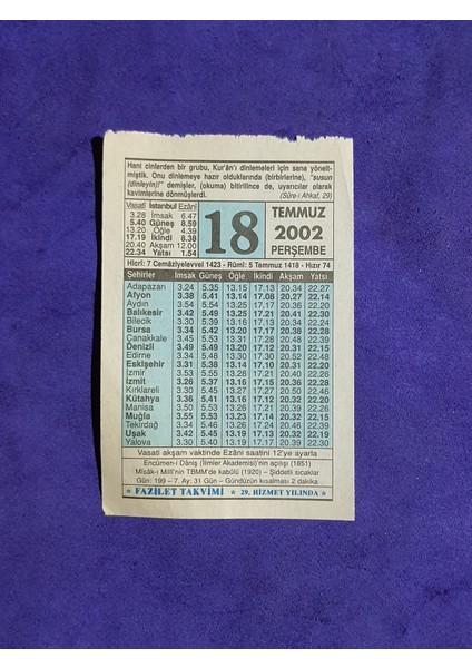 18 Temmuz 2002 Takvim Yaprağı - Nostalji Koleksiyonluk Takvim Yaprağı