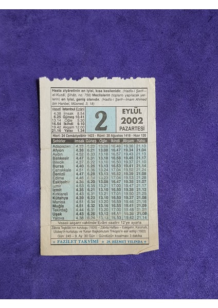 2 Eylül 2002 Takvim Yaprağı - Nostalji Koleksiyonluk Takvim Yaprağı