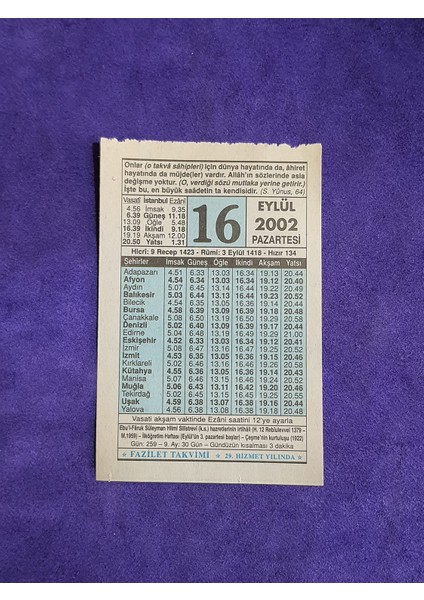 16 Eylül 2002 Takvim Yaprağı - Nostalji Koleksiyonluk Takvim Yaprağı
