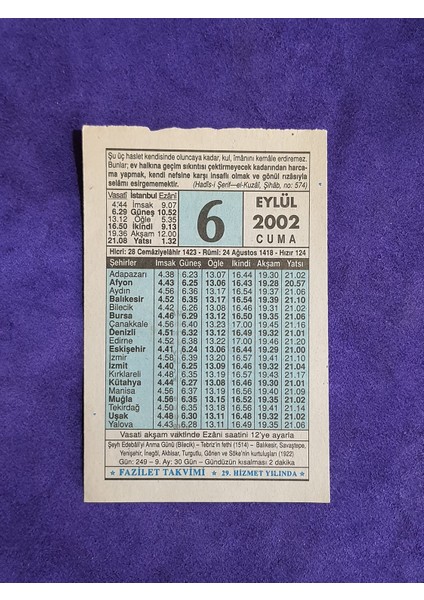 6 Eylül 2002 Takvim Yaprağı - Nostalji Koleksiyonluk Takvim Yaprağı