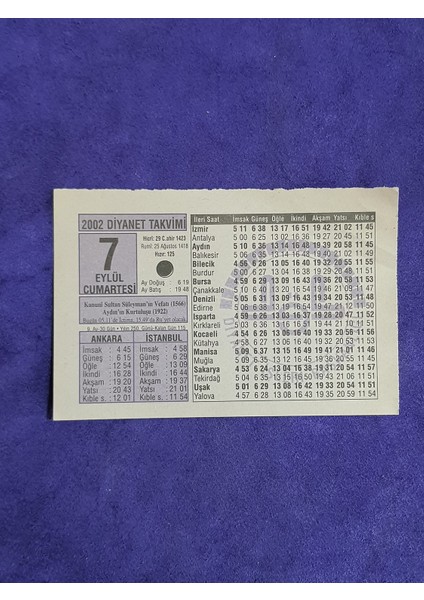 7 Eylül 2002 Takvim Yaprağı - Nostalji Koleksiyonluk Takvim Yaprağı A