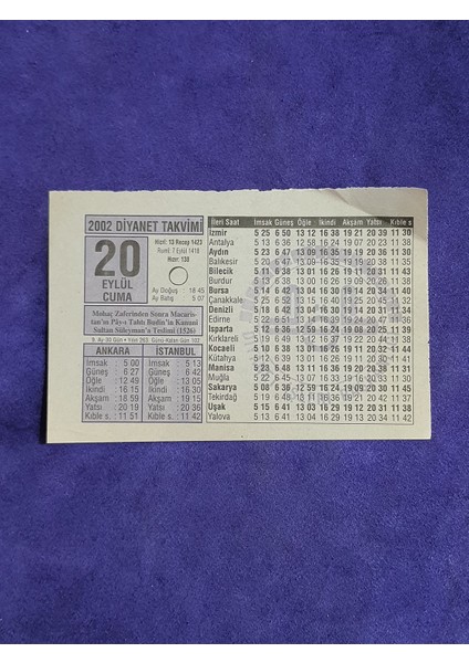 20 Eylül 2002 Takvim Yaprağı - Nostalji Koleksiyonluk Takvim Yaprağı A