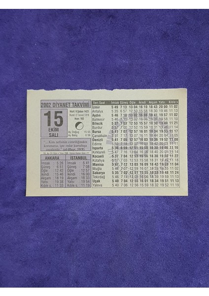 15 Ekim 2002 Takvim Yaprağı - Nostalji Koleksiyonluk Takvim Yaprağı A