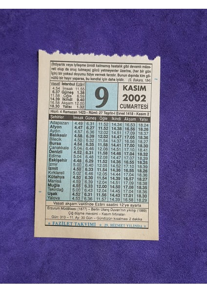 9 Kasım 2002 Takvim Yaprağı - Nostalji Koleksiyonluk Takvim Yaprağı