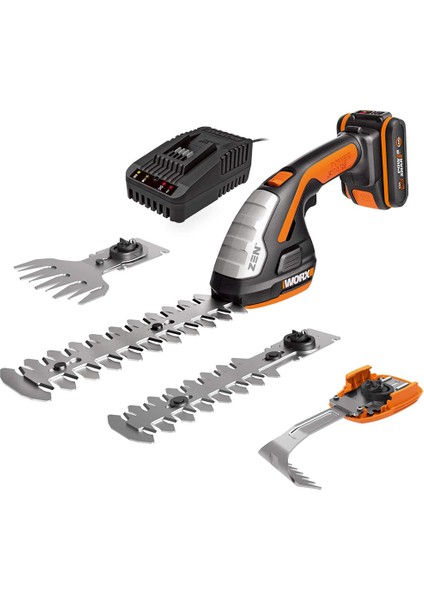 WG801E.5 20VOLT 2.0AH. Li-Ion Şarjlı Avuç Içi Çim Kesme, Çit Budama Çapalama