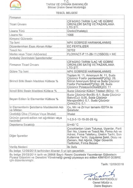 Flowact P 11-28-11 (15 SO3) + ME- FOSFOR AĞIRLIKLI NPK GÜBRESİ- %100 Italyan Cifo Gübresi - Ec Fertilizer - 2,5 kg