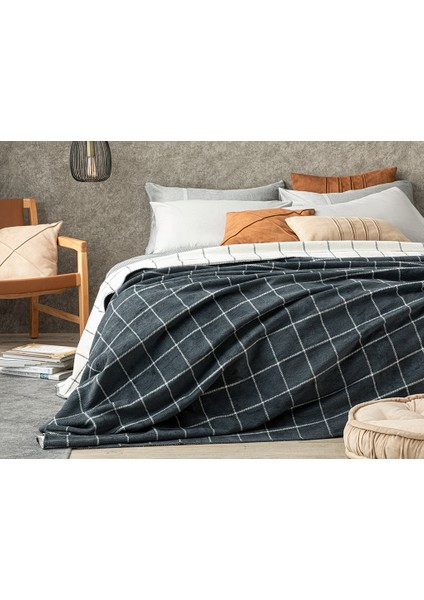 Plain Check Pamuklu Çift Kişilik Battaniye 200 x 220 cm Antrasit