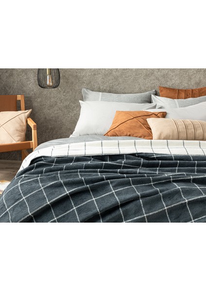 Plain Check Pamuklu Çift Kişilik Battaniye 200 x 220 cm Antrasit modelleri