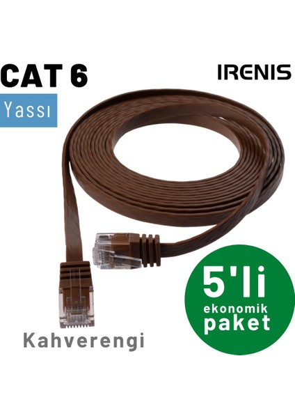 5 Adet CAT6 Yassı Ethernet (Network, LAN) Kablosu, Kahverengi, 50 cm