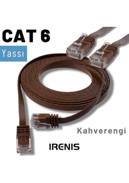 5 Adet CAT6 Yassı Ethernet (Network, LAN) Kablosu, Kahverengi, 50 cm