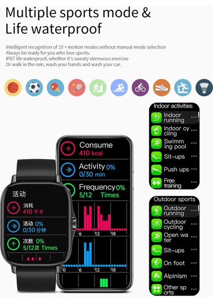 Akıllı Izle IP67 1.63 Inç Dokunmatik Ekran Pedometre Siyah (Yurt Dışından) fırsatları