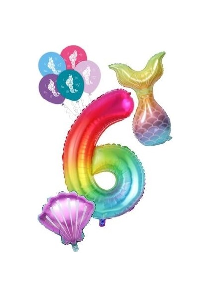 6 Rakam Gökkuşağı Deniz Kızı Folyo Balon Seti