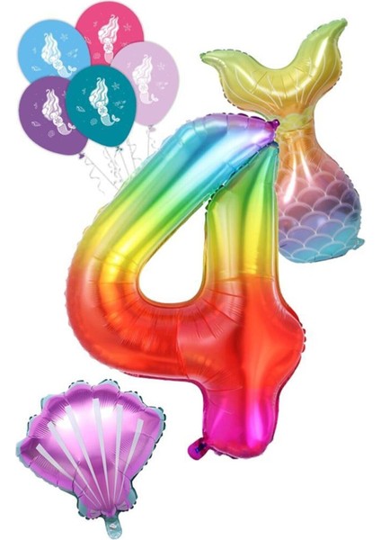 4 Rakam Gökkuşağı Deniz Kızı Folyo Balon Seti