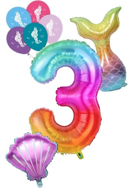 3 Rakam Gökkuşağı Deniz Kızı Folyo Balon Seti