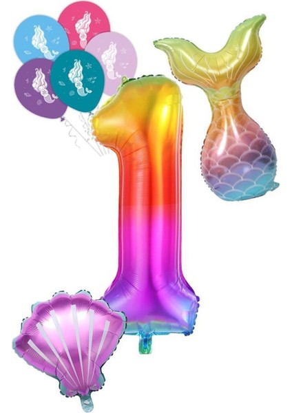 1 Rakam Gökkuşağı Deniz Kızı Folyo Balon Seti