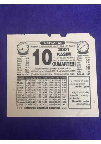 10 Kasım 2001 Takvim Yaprağı - Nostalji Koleksiyonluk Takvim Yaprağı B
