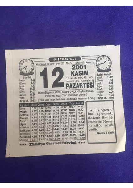 12 Kasım 2001 Takvim Yaprağı - Nostalji Koleksiyonluk Takvim Yaprağı B