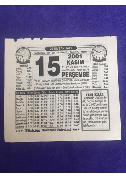15 Kasım 2001 Takvim Yaprağı - Nostalji Koleksiyonluk Takvim Yaprağı B