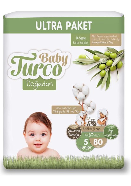 Baby Turco Doğadan Ultra Junior Bebek Bezi 12-25 kg 80'li 5 Numara