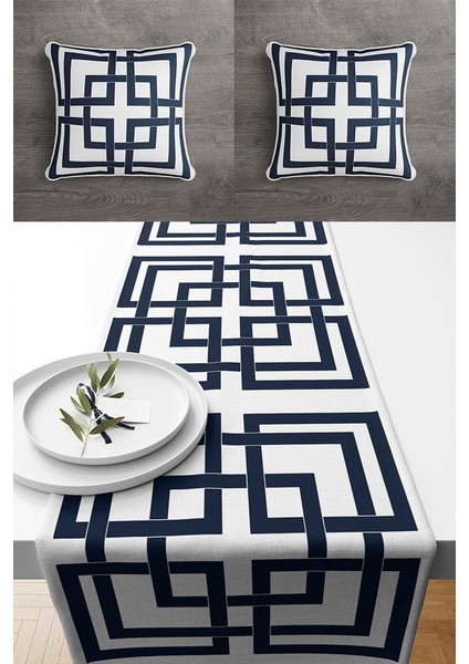 Marin Kırlent Runner Set Çift Tarafı Baskılı Kırlent Kılıfı ve Runner Set