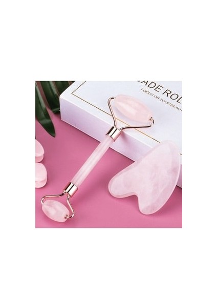 Pembe Kuvars Jade Face Roller ve Pembe Kuvars Kalp Gua Sha Yüz Masaj Taşı Premium Set
