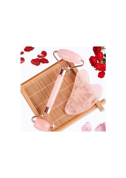 Pembe Kuvars Gua Sha Taşı Masaj Aleti ve Face Roller 2'li Seti Doğal Taş