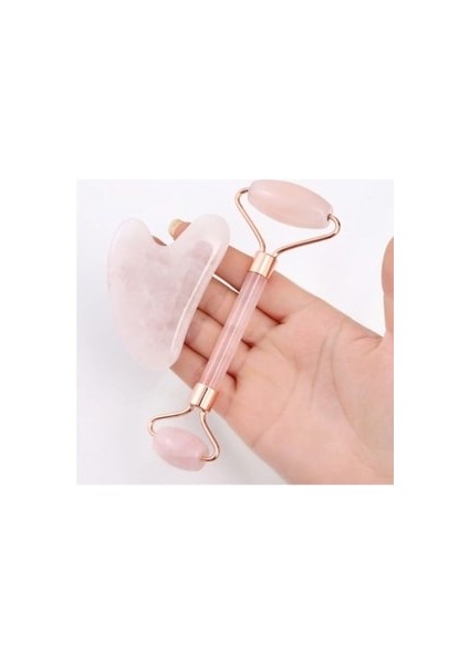 Pembe Kuvars Gua Sha Taşı Masaj Aleti ve Face Roller 2'li Set Özel Kutulu