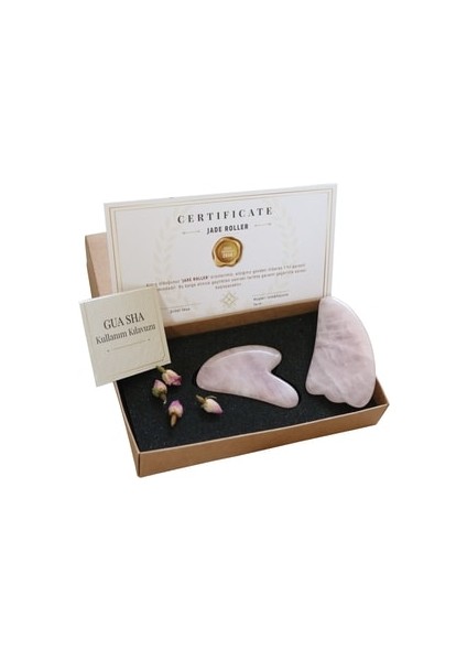 Pembe Kuvars Quartz Kalp ve Melek Kanadı İkili Guasha Yüz Masaj Taşı