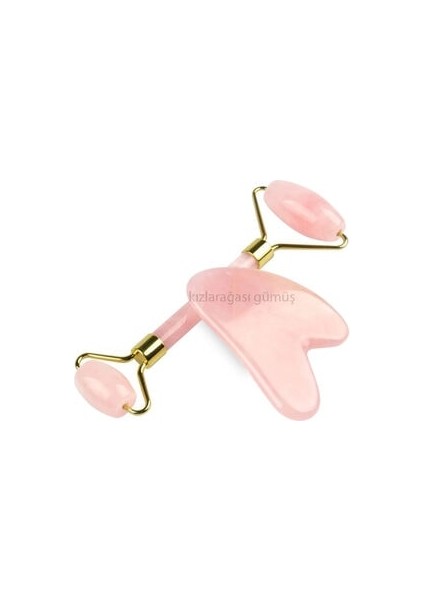 Doğal Pembe Kuvars Taşı Face Roller ve Gua Sha 2'li Masaj Aleti Set