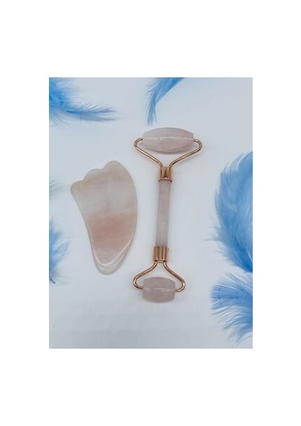 Doğal Taş Pembe Kuvars Kaz Ayaklı Roler Gua Sha Masaj Seti