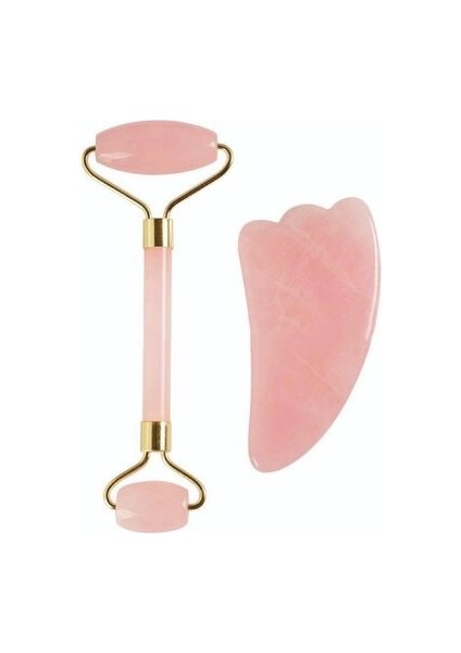 Pembe Kuvars Face Roller ve Pembe Kuvars Melek Kanadı Gua Sha Yüz Masaj Taşı