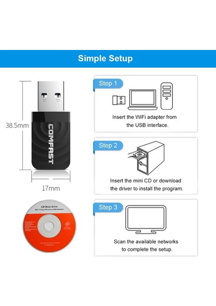 5142 Comfast 1300 Mbps USB Mini Wifi Adaptörü RTL811 5ghz Kablosuz Alıcı