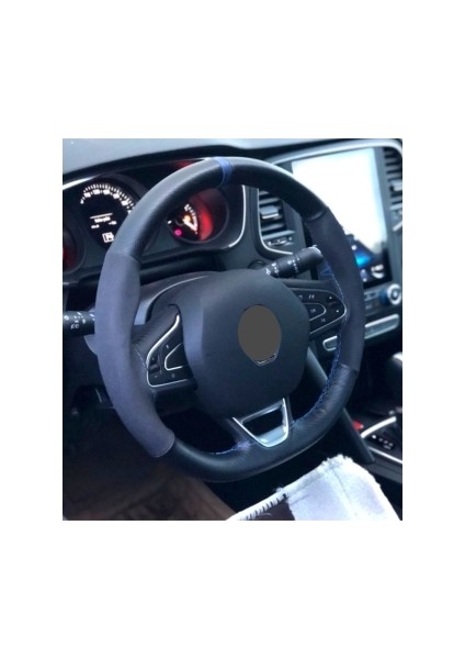 Renault Megane 4 Mavi Yüzüklü Karbon Alkantra Dikme Deri Direksiyon Kılıfı