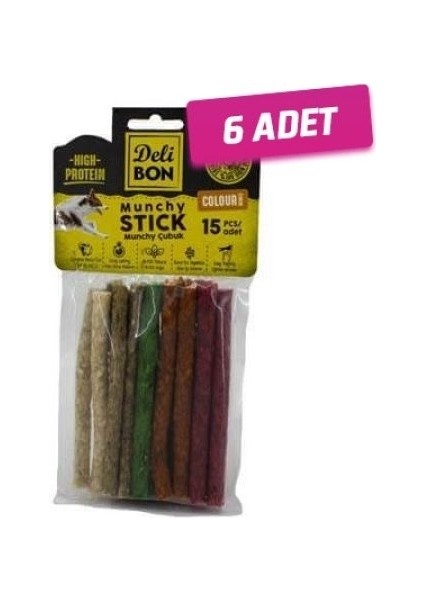 6 Adet - Delibon Deri Munchy Çubuk Orta Boy 15LI Paket Karışık Renk