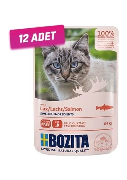 12 Adet - Bozita Pouch Somon Balıklı Tahılsız Yetişkin Kedi Konservesi 85 gr