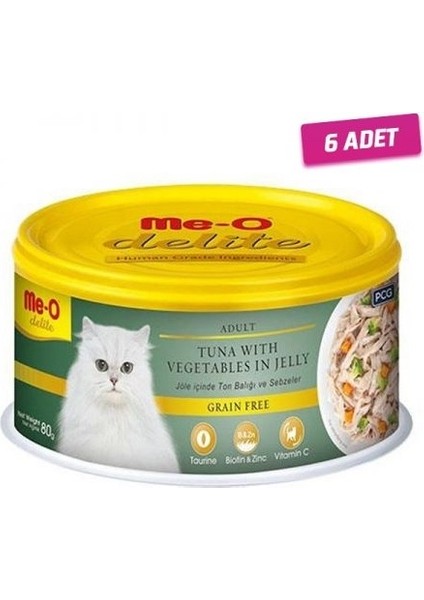 6 Adet - Meo Delite Tahılsız Jöle Içinde Ton Balıklı ve Sebzeli Yetişkin Kedi Konservesi 80 gr