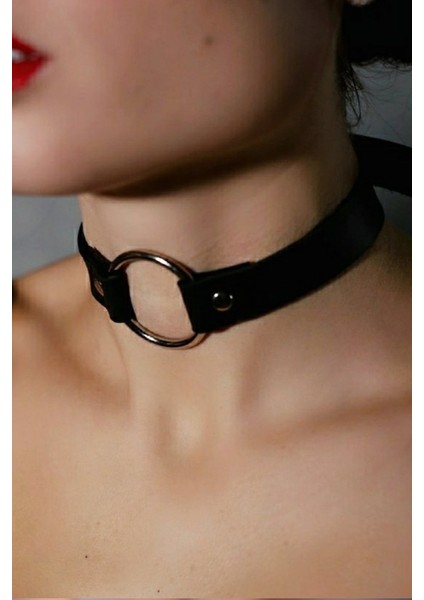 Kadın Tek Halka Detaylı Ayarlanabilir Şık Deri Choker Boyun Aksesuar Siyah