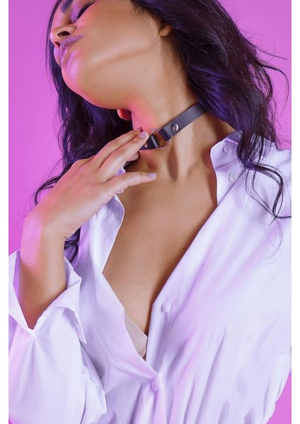 Kadın Küçük Halka Detaylı Ayarlı Şık Deri Choker Tasma Boyun Aksesuar Siyah