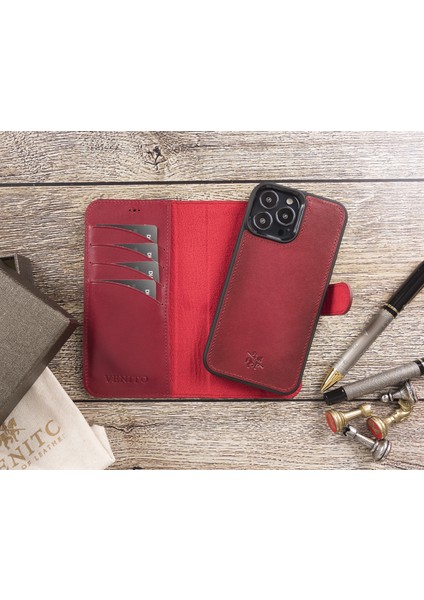 Apple iPhone 13 Pro Max Magic Wallet Kırmızı Deri Telefon Kılıfı