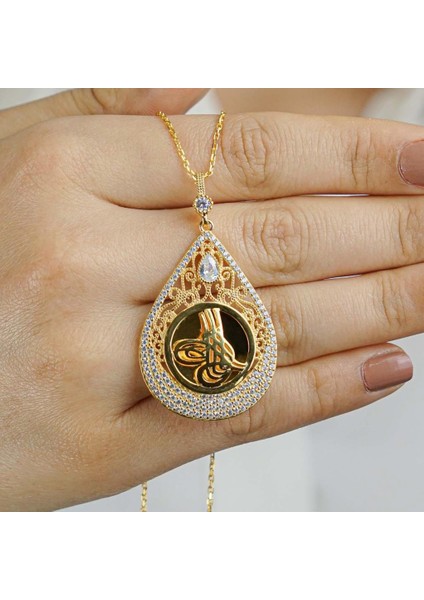 Damla Tasarımlı Tuğra Motifli Altın Kaplamalı 925 Ayar Gümüş Kadın Kolye 60 cm