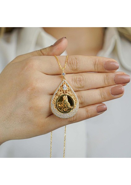 Damla Tasarımlı Tuğra Motifli Altın Kaplamalı 925 Ayar Gümüş Kadın Kolye 60 cm fiyatları