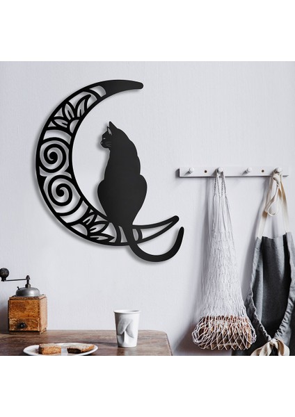 Ay ve Kedi Metal Duvar Tablosu - 81X99, Siyah