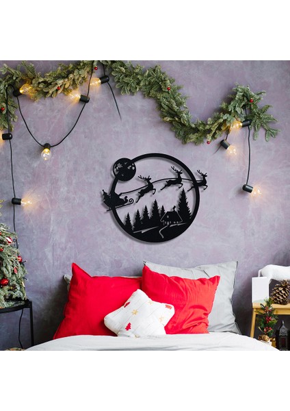 Çerçeveli Noel Baba ve Geyikler Metal Duvar Tablosu - 84X99, Siyah