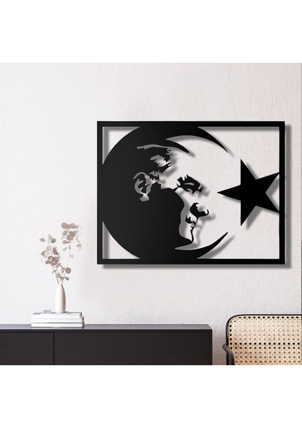 Atatürk ve Ay-Yıldız Metal Duvar Tablosu - 75X99, Siyah