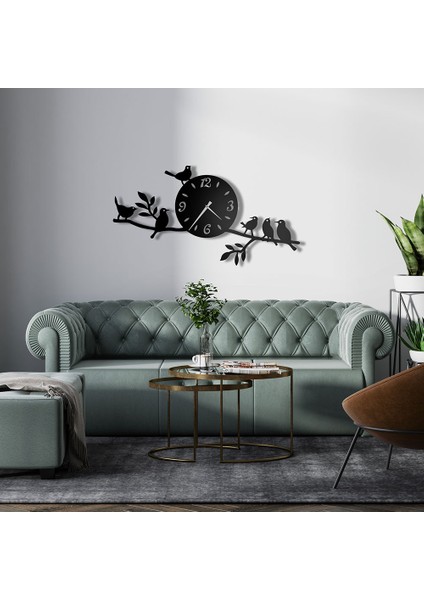 Kuşlar Metal Duvar Saati - 27X49, Siyah