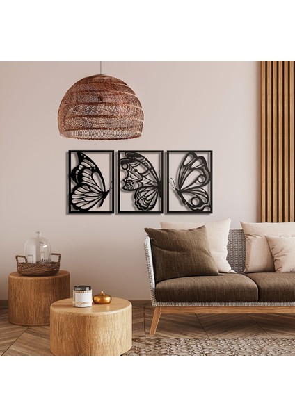 Kelebekler Üçlü Metal Duvar Tablosu - 57X130, Siyah